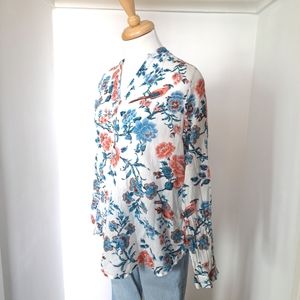 Cotton Daisy | White floral with birds blue & pink gold button up v neck blouse